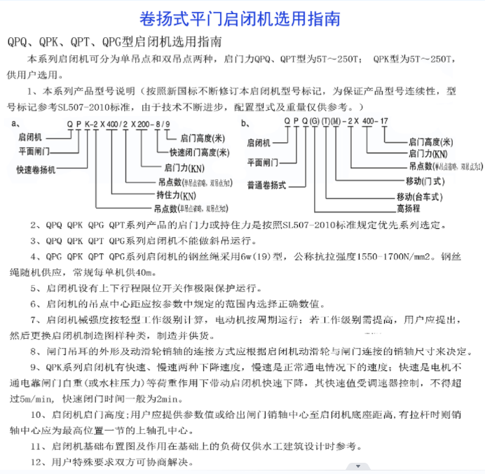 卷?yè)P(yáng)式平門啟閉機(jī)選用指南-QPQ、QPK、 QPT、 QPG型啟閉機(jī)選用指南